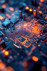 Poster - Close-up view of a vibrant, illuminated circuit board showcasing intricate electronic components and connections, set against a blurred tech environment
