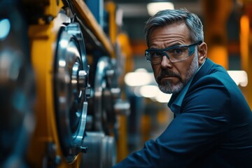 Poster - A focused engineer examines machinery in a modern industrial setting, showcasing advanced technology and a collaborative work environment