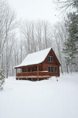 Wall Mural - A cozy log cabin surrounded by a serene snow-covered forest, invoking a sense of tranquility and solitude during winter.