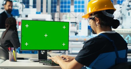Poster - photovoltaics factory engineer building models of renewable energy generators on isolated screen pc.