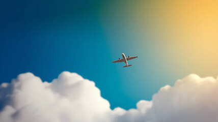 Poster - Airplane flying in a blue sky with white clouds, sunlight creates a gradient effect. Represents travel, freedom, journey, adventure, escape