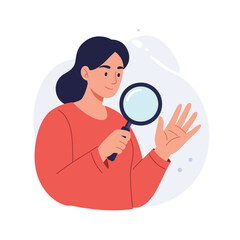 Poster - Woman examining details with magnifying glass in flat vector art