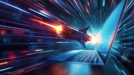 Fototapete - A Rocket Entering a Laptop Screen with Speed and Light Trails