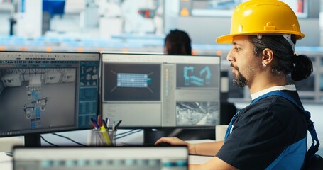 Poster - photovoltaics factory engineer using cad software, planning work on facility floor. solar panels man