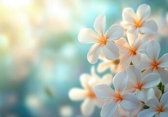 Poster - Close-Up of Delicate White Flowers with Subtle Orange Accents Against a Soft Glowing Background Perfect for Nature and Floral Themes