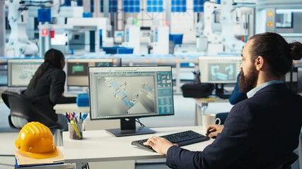 Poster - photovoltaics factory worker drinks coffee, monitoring performance of robot arms placing solar panel