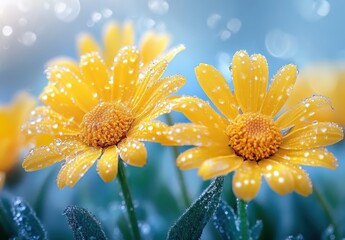 Poster - Close-Up of Vibrant Yellow Daisy Flowers with Water Droplets and Soft Blue Background in a Beautiful Garden Setting