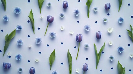 Wall Mural -   Purple and white flowers with green leaves on a blue-white polka dotted background featuring blue and white dots