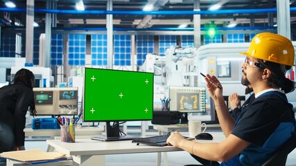 Poster - photovoltaics factory specialist building models of renewable energy generators on green screen pc. 