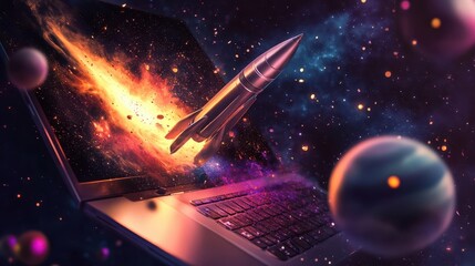 Fototapete - A silver rocket blasting from a laptop into outer space