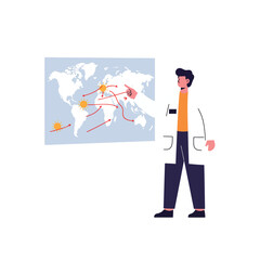 Poster - Scientist presenting global data on a map in flat vector illustration