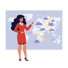 Poster - Weather presenter explaining forecast with detailed flat design vector illustration