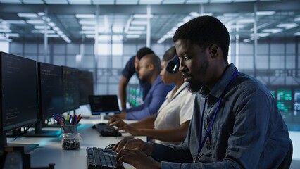 Poster - focus on server hub employee developing disaster recovery plans ensuring minimal downtime. african a