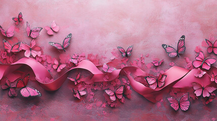 Poster - Delicate butterflies and pink ribbons abstract art scene creative background soft lighting floral concept