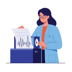 Poster - Female scientist analyzing data with detailed flat design vector illustration