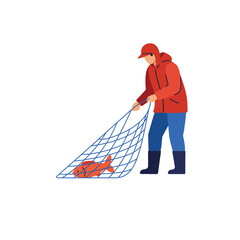 Poster - Fisherman catching a fish with a net in flat vector art style vector illustration
