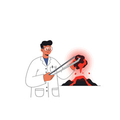 Poster - Scientist observing erupting volcano with tools in flat, minimal vector illustration