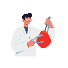 Poster - Scientist in white coat using tongs to hold red object in flat vector art