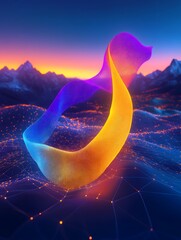 Poster - abstract digital landscape with flowing colors and mountainous backdrop