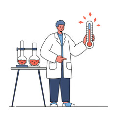 Poster - Scientist holding a thermometer in a lab with flasks flat vector illustration