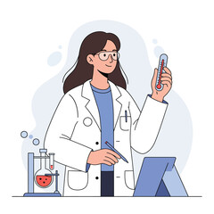 Poster - Scientist holding thermometer in laboratory with flat design vector art
