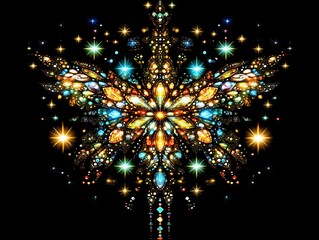 Poster - Dazzling iridescent crystal mosaic with radiant starbursts on dark backdrop