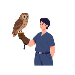 Poster - Person holding a detailed owl on glove in flat vector art