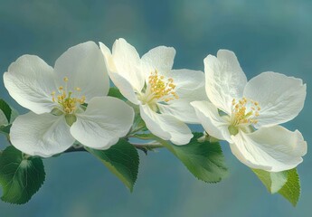 Poster - Delicate White Blossoms of a Flowering Tree Against a Soft Blue Background with Gentle Light Highlights