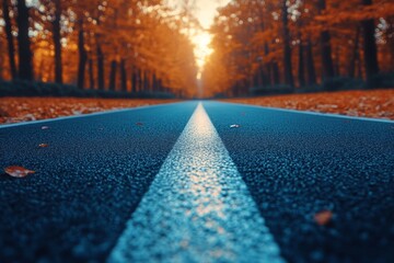 Fototapete - A winding road through a forest blanketed with fallen orange leaves reflects the warm glow of the sunset, creating a serene atmosphere Generative AI