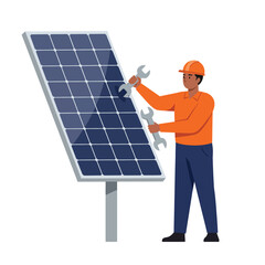Poster - Worker repairing solar panel in flat design vector illustration