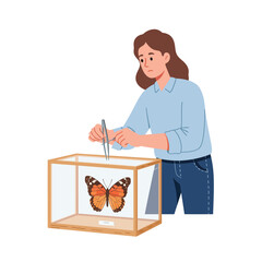 Poster - Woman observing butterfly in a display box with flat vector illustration style