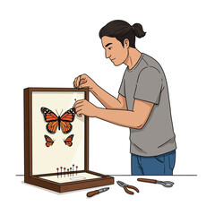 Poster - Man arranging colorful butterfly specimens in a detailed flat vector illustration