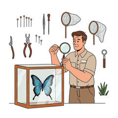 Poster - Man examining butterfly specimen with tools in flat vector art