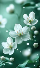 Poster - Delicate White Flowers Surrounded by Soft Green Background, Capturing the Beauty of Nature in Spring with Elegant Petals and Subtle Bokeh Effect