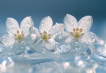 Poster - Delicate White Flowers Surrounded by Water Droplets Against a Soft Blue Background, Capturing Nature's Beauty and Serenity in a Calm Environment