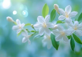 Poster - Delicate White Flowers with Green Leaves and Soft Blue Background for Nature and Floral Designs in Stock Photography