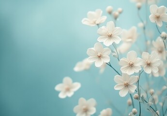 Poster - Delicate White Flowers with Soft Blue Background Creating a Serene and Tranquil Atmosphere for Nature and Floral Enthusiasts