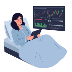 Poster - Woman in bed using a tablet with financial charts in flat vector illustration