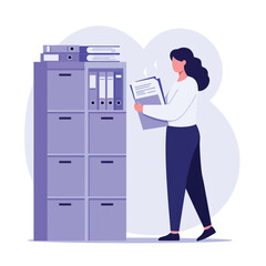 Poster - office worker organizing files in a flat vector illustration with a filing cabinet and documents