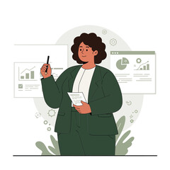 Poster - business woman presenting data insights in minimal style vector illustration