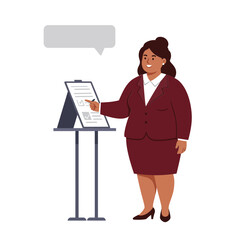 Poster - Businesswoman presenting information at a display in a flat vector art style