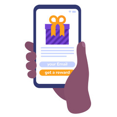 Wall Mural - rewards mobile app line icon, phone in hand