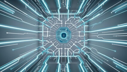 Poster - futuristic tunnel with radiant blue light emanating from the center of an abstract network design