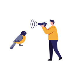 Poster - Person photographing a bird using a camera in flat vector art