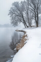 Wall Mural - Snow-covered landscape with frost-laden trees by a tranquil lake, exuding a serene and calm winter mood under a misty sky.