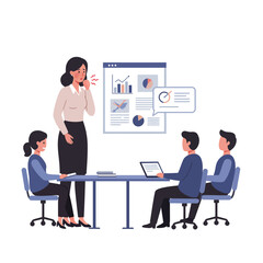 Poster - Business meeting scene with four people discussing data in flat vector art