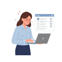 Poster - Concerned woman using laptop with stress indicators in flat vector illustration