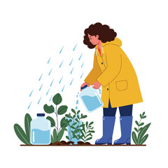 Poster - Person watering plants in a garden with flat design vector art