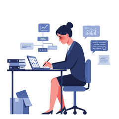 Poster - Businesswoman working at desk with laptop in flat vector art style