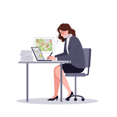 Poster - Businesswoman working at a desk with laptop and map in flat vector art